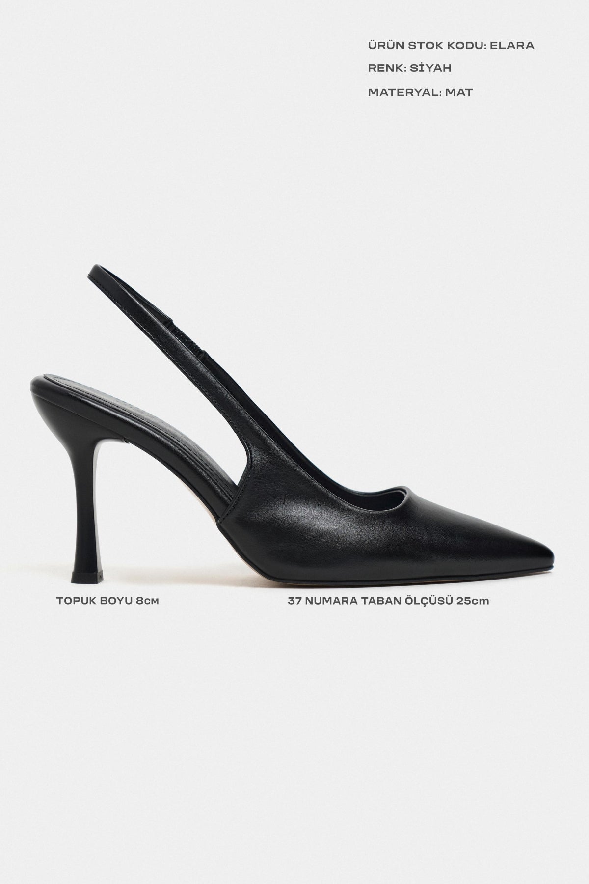 Elara Siyah Mat Slingback V Vamp Hattı Sivri Burun Kadın Topuklu Ayakkabı