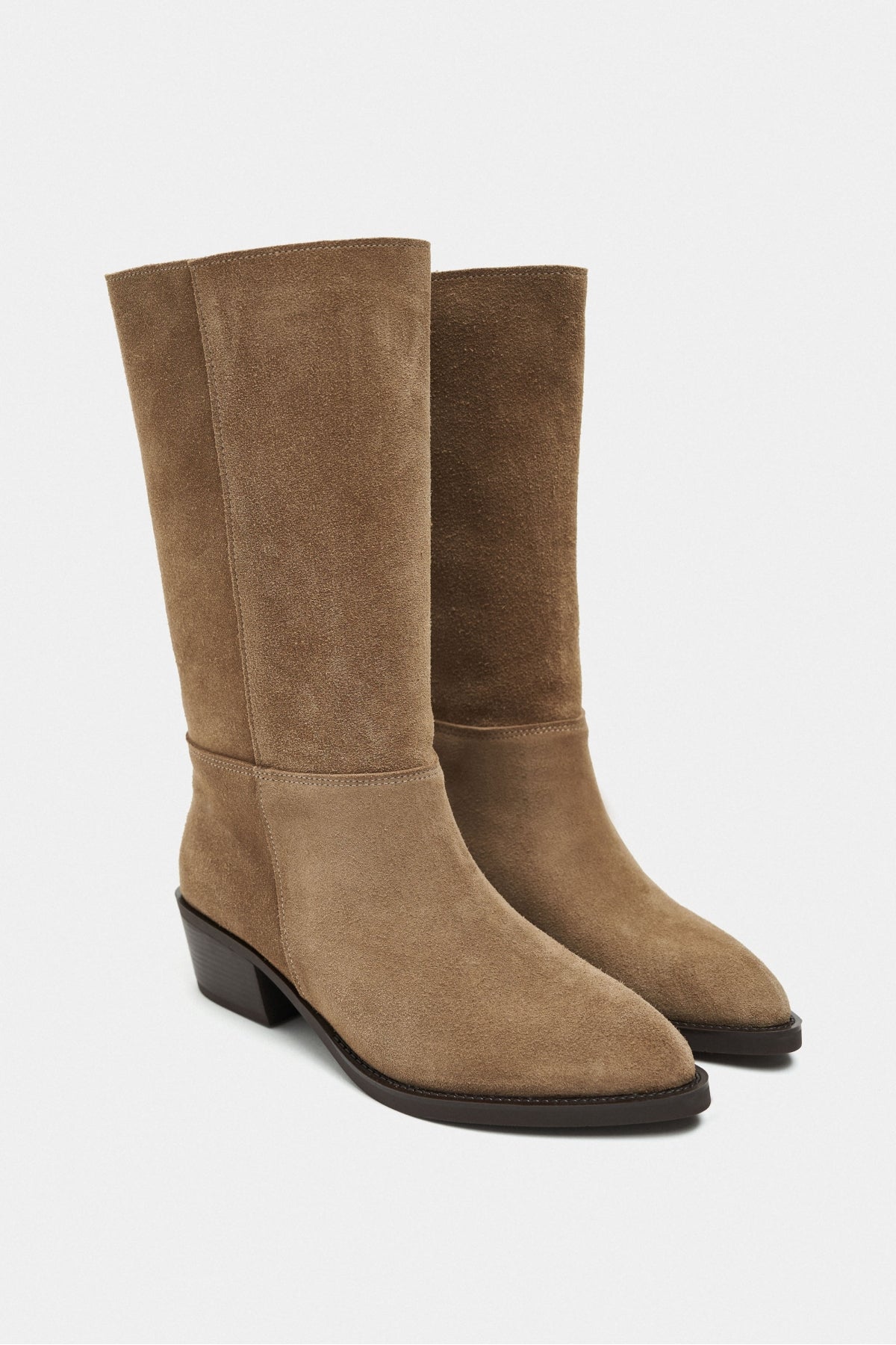 Meyro Rome Bej Hakiki Süet Yuvarlak Burun Kalın Topuklu Kadın Bot