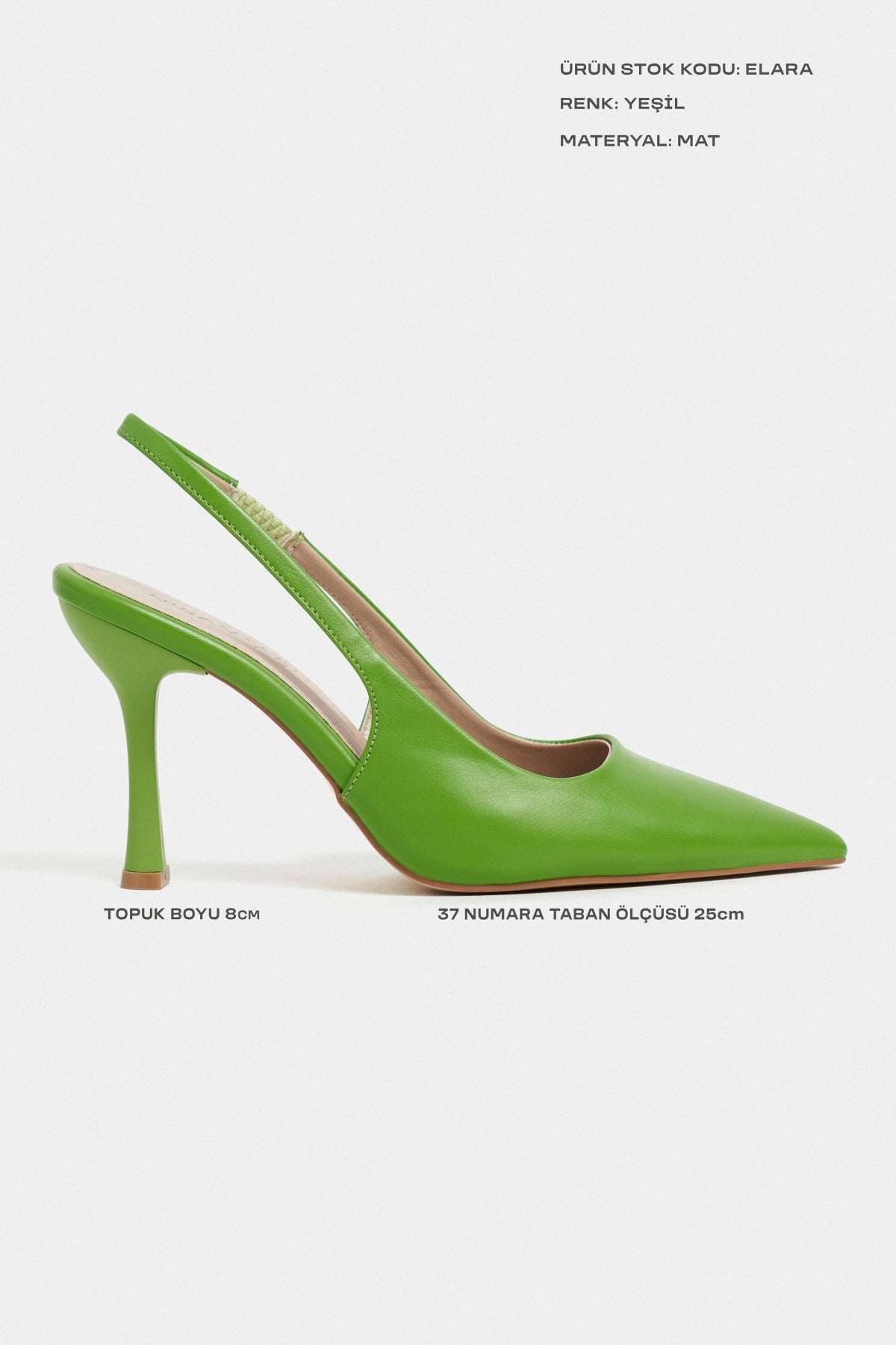 Elara Yeşil Mat Slingback V Vamp Hattı Sivri Burun Kadın Topuklu Ayakkabı