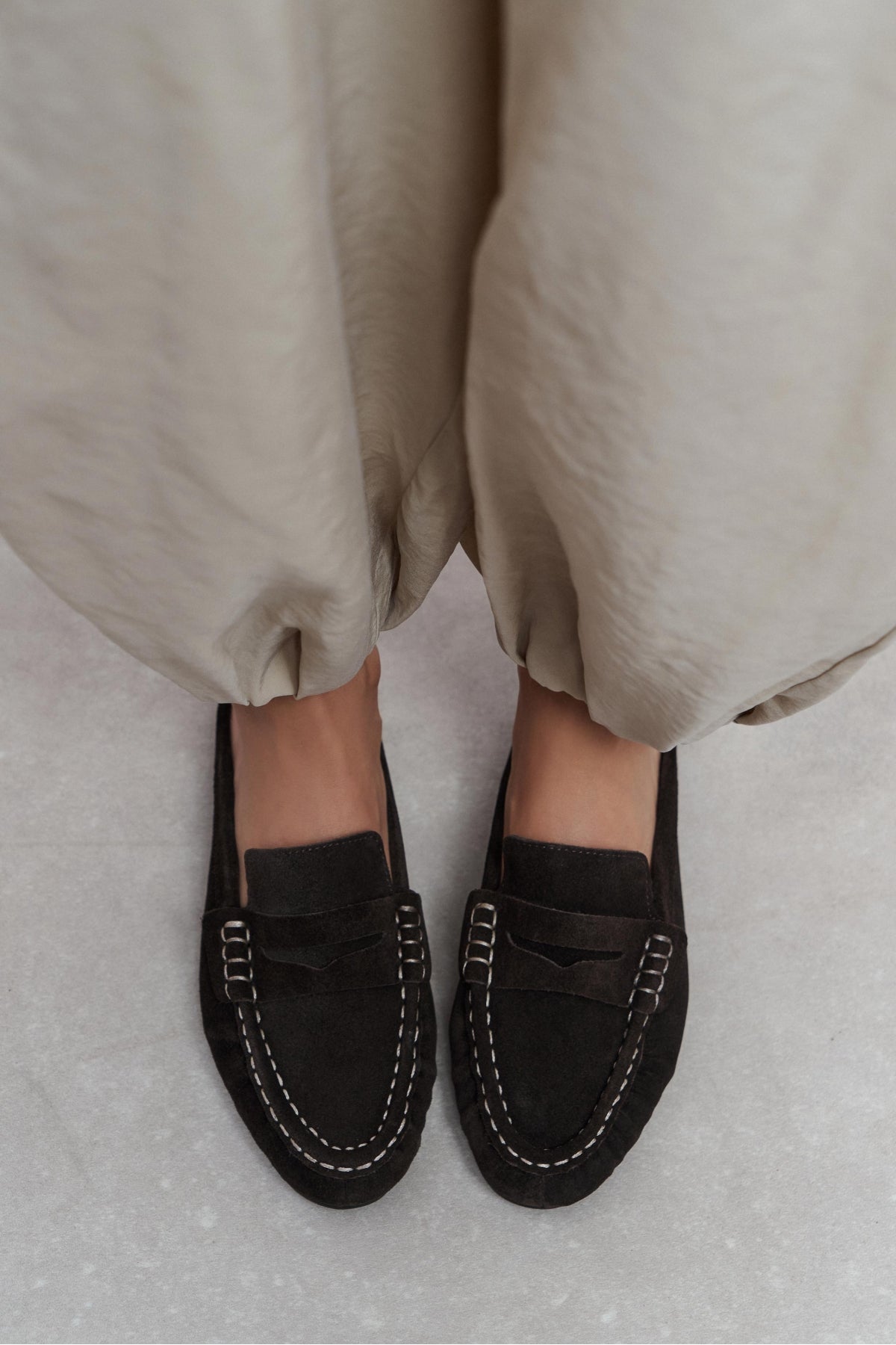 Loba Bitter Kahve Süet Deri Düz Taban Kadın Loafer Terlik
