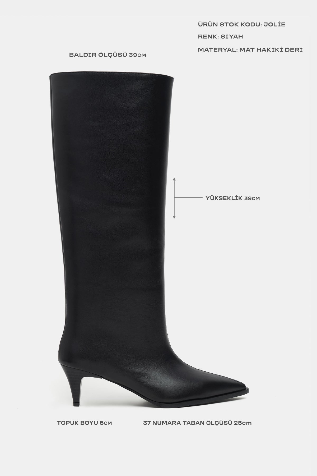 Jolie Siyah Mat Hakiki Deri Sivri Burun Kadın Topuklu Çizme