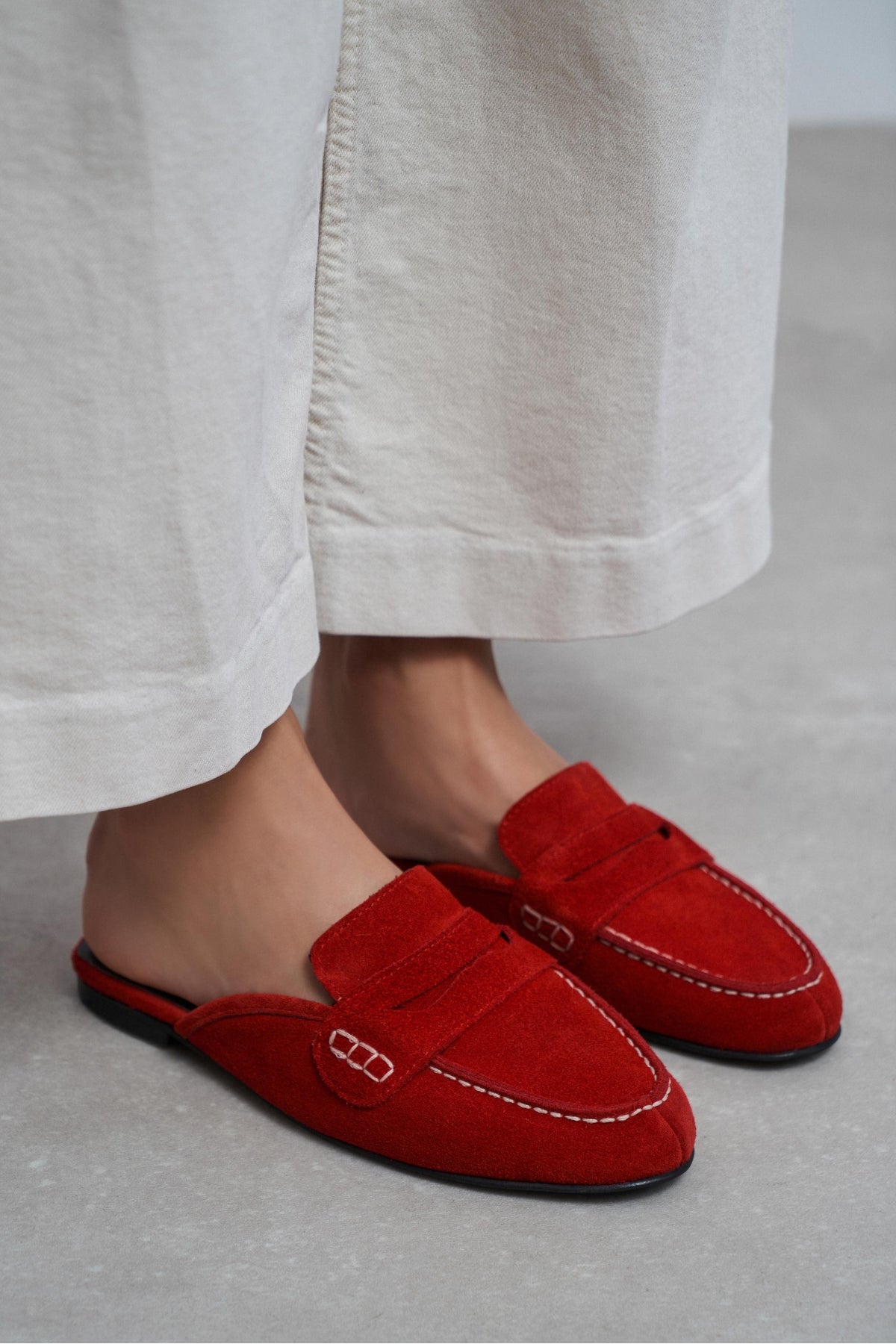 Harvey Kırmızı Hakiki İç-Dış Deri Süet Düz Taban Kadın Loafer Terlik