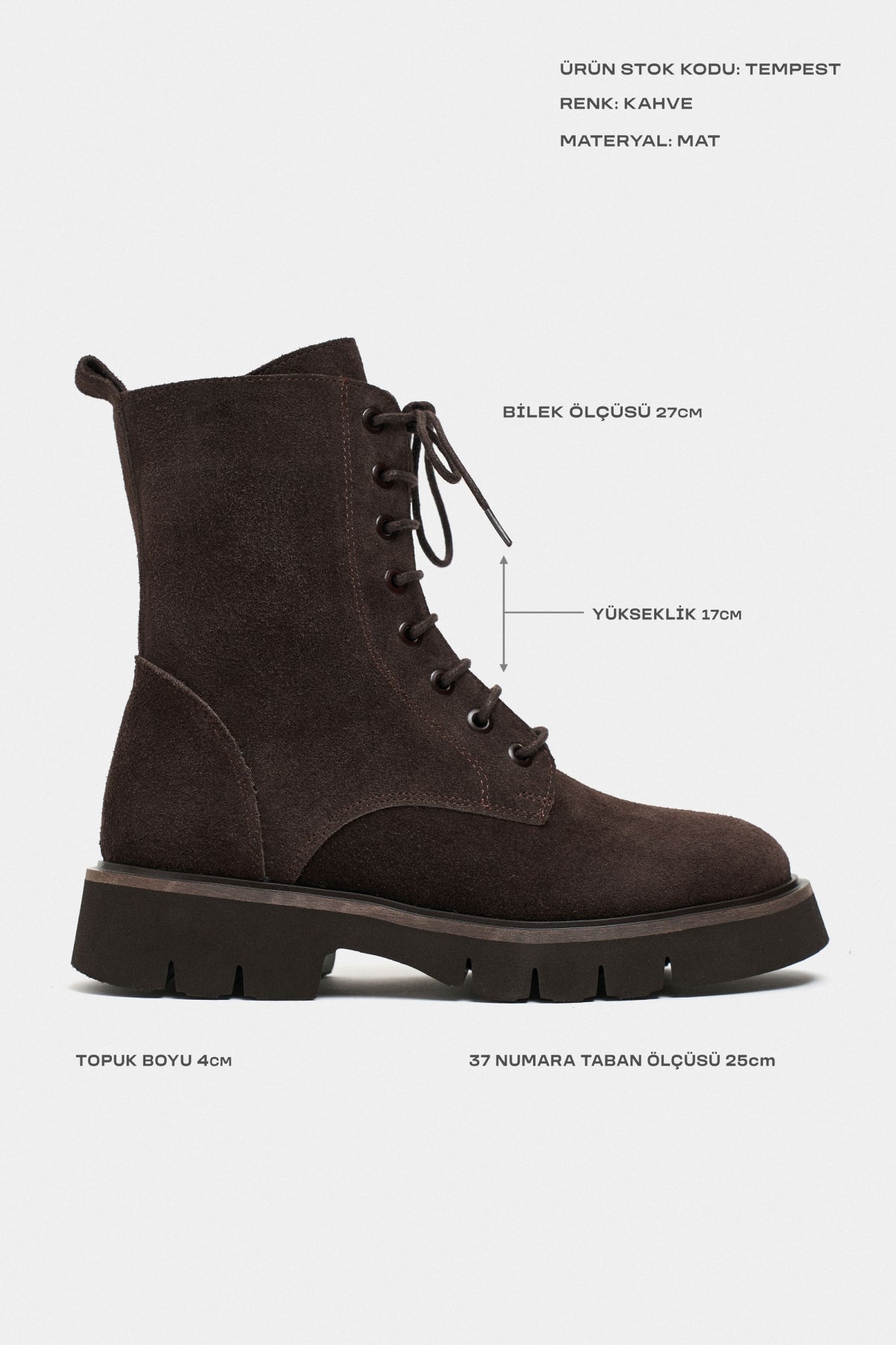 Tempest Bitter Kahve Süet Deri 4 Cm Bağcıklı Kadın Postal
