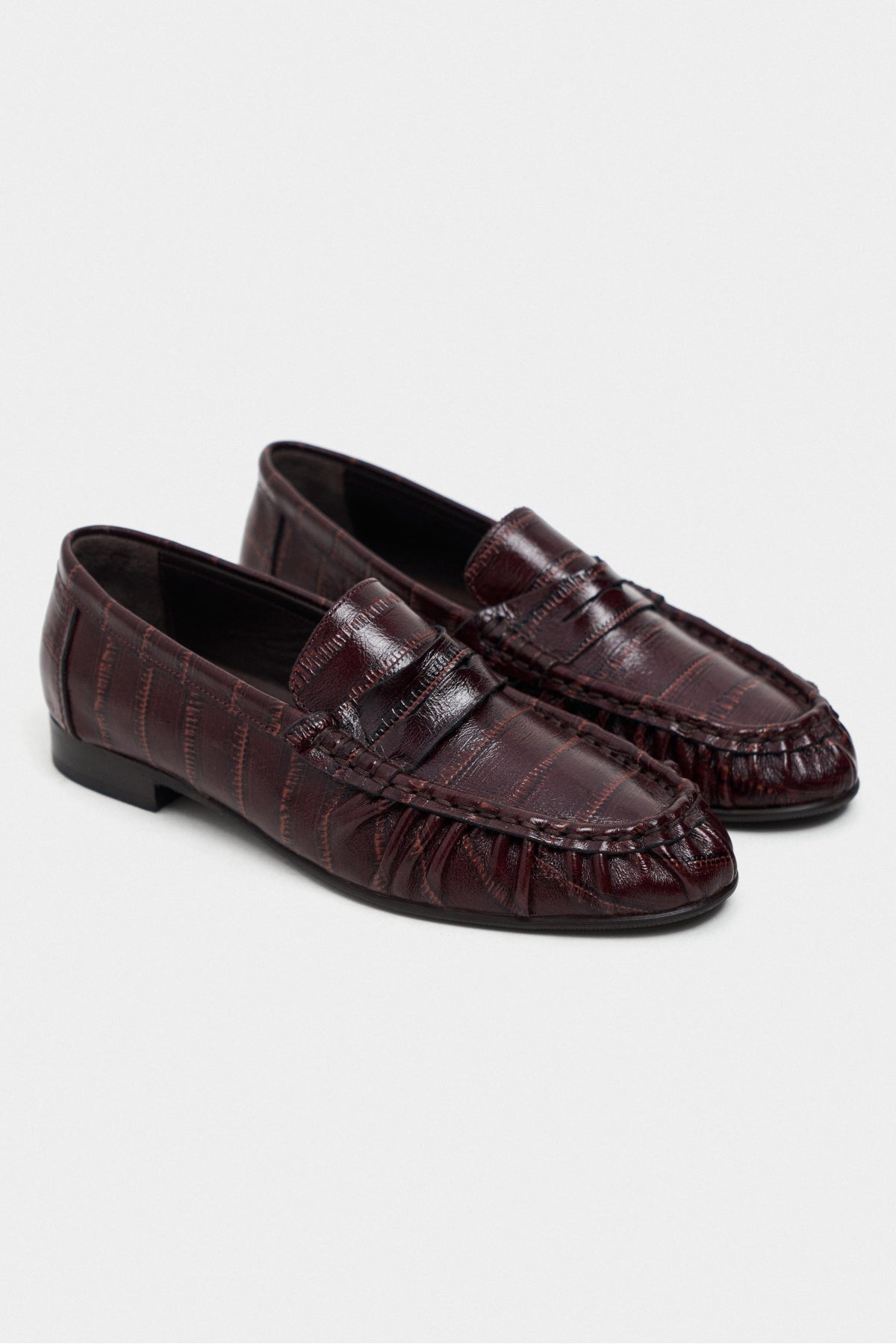Capri Bordo Su Yolu Kroko Hakiki Deri Düz Taban Kadın Loafer Ayakkabı