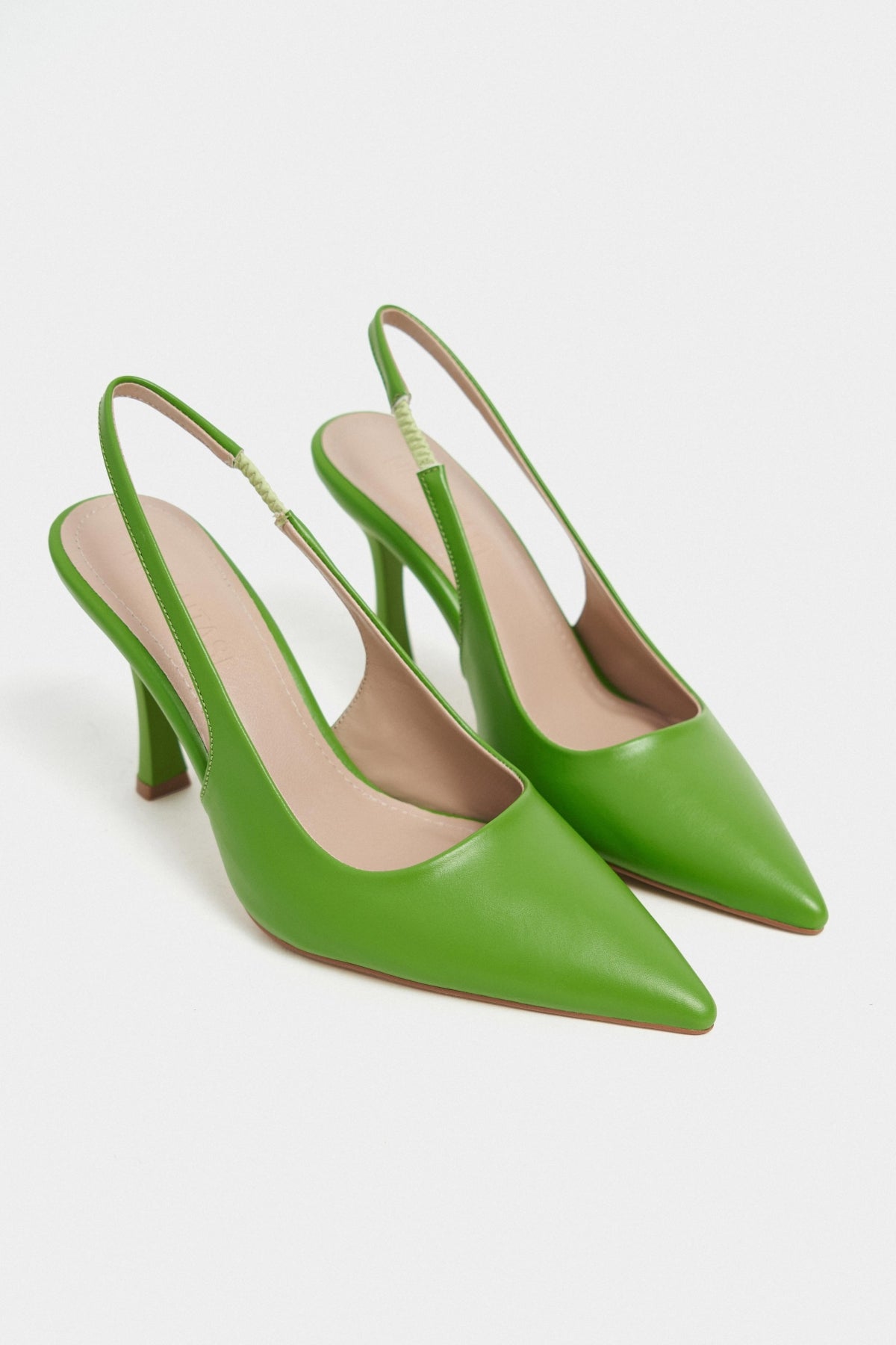 Elara Yeşil Mat Slingback V Vamp Hattı Sivri Burun Kadın Topuklu Ayakkabı